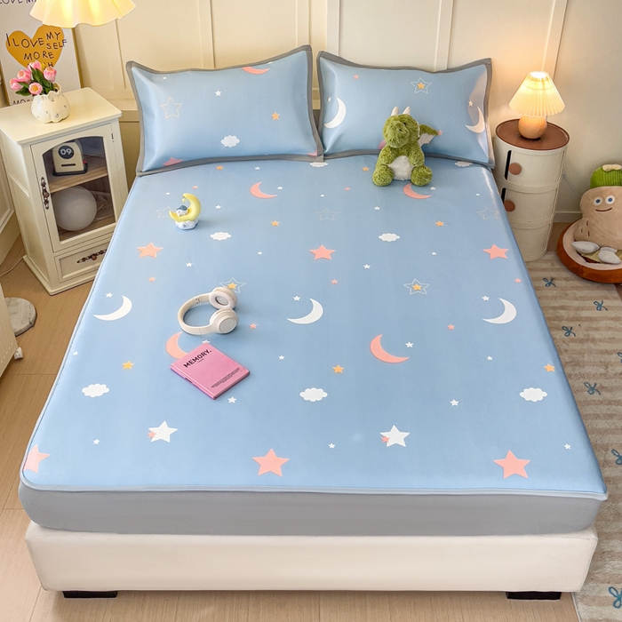 91家纺网 家纺一手货源 找家纺 富馨莱 2025新款床笠款冰藤印花凉席A类抗菌冰丝席支持定制尺寸 星空