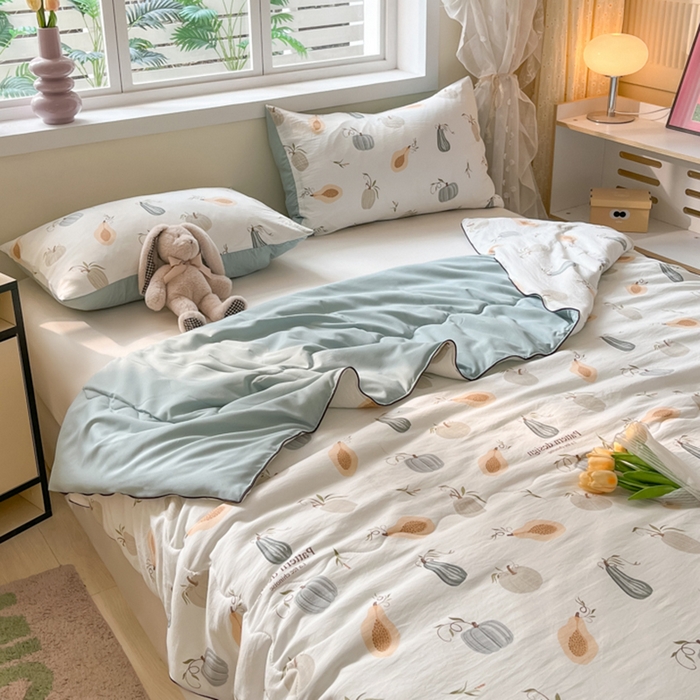 91家纺网 家纺一手货源 找家纺 贝扬思家纺 2025新款水洗皱皱纱系列夏被-系列二 南瓜日记