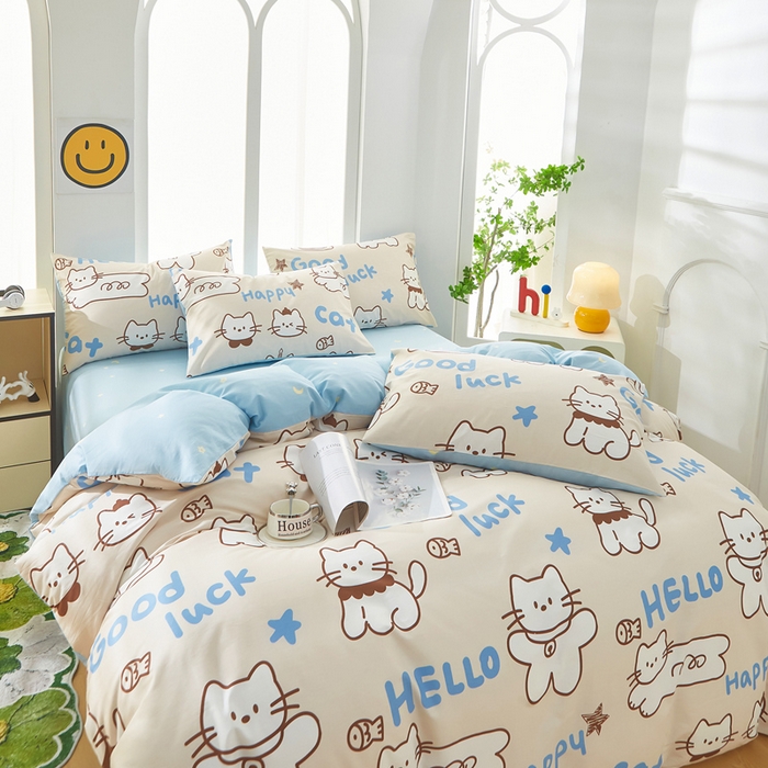 91家纺网 家纺一手货源 找家纺 黛妮雅 2025新款AB版全棉印花单被套床单枕套 幸运猫咪
