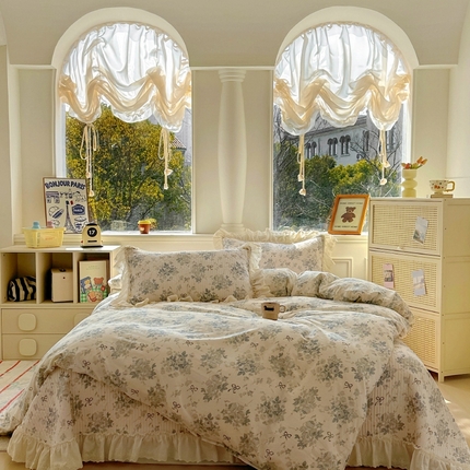 91家纺网 家纺一手货源 找家纺 昊川 2025新款60支全棉双层纱酵素高温砂洗法式床盖 蓝调