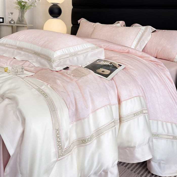 91家纺网 家纺一手货源 找家纺 高端轻奢A类母婴级兰精天丝全工艺刺绣四件套高端真丝夏季丝滑裸睡床上用品  维曼-香颂粉