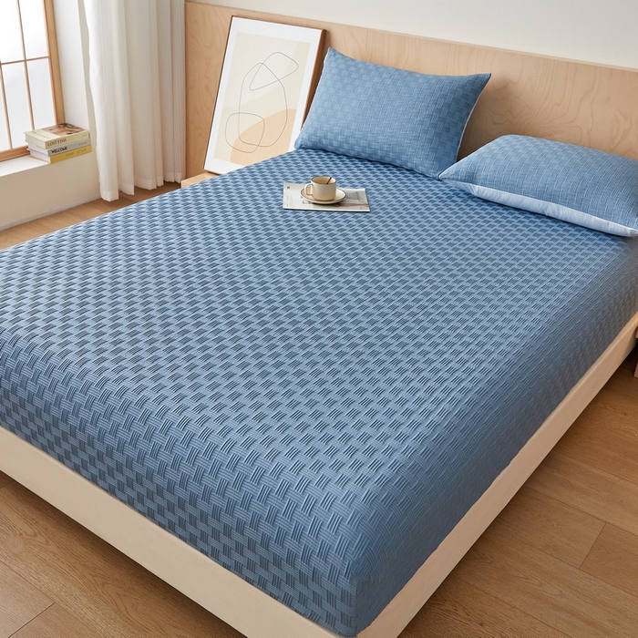 91家纺网 家纺一手货源 找家纺 梦镜2025新款A类亲肤棉华夫格棋盘格防水床笠 华夫格-湖蓝