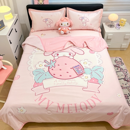 2025新款正版授权A类大版数码印花三丽鸥可机洗1200D冰丝凉席席子凉席可组合针织棉夏被四件套-平铺款 平铺款-粉兔美乐蒂