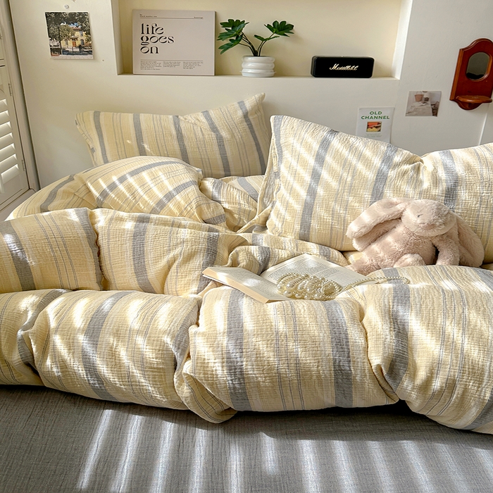 91家纺网 家纺一手货源 找家纺 田野2025新款全棉皱皱纱四件套 时予-黄灰