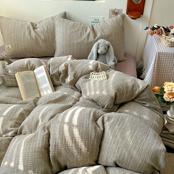 91家纺网 家纺一手货源 找家纺 田野2025新款全棉皱皱纱四件套 小半-亚麻棕