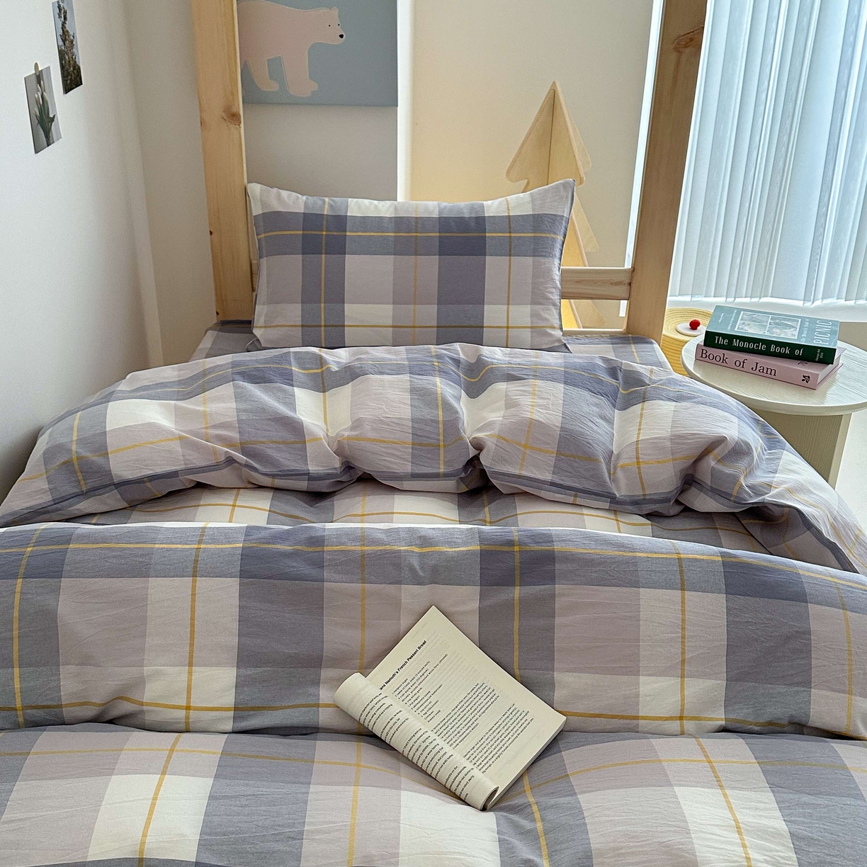 91家纺网 家纺一手货源 找家纺 拔萃 2025新款全棉纯棉色织学生上下铺套件格子纯棉宿舍三件套六件套 欧灰大格