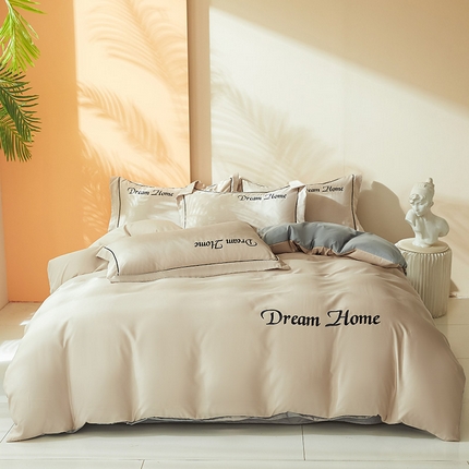 七仙女家纺 2025新款水洗真丝-梦幻家园系列四件套 奶杏色+浅灰银