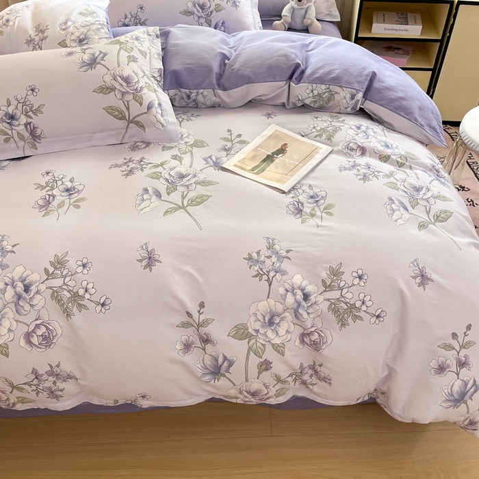 91家纺网 家纺一手货源 找家纺 大吉 2025新款100全棉纯棉喷气小清新被套四件套纯棉三件套床笠四件套单被套单枕套 紫韵