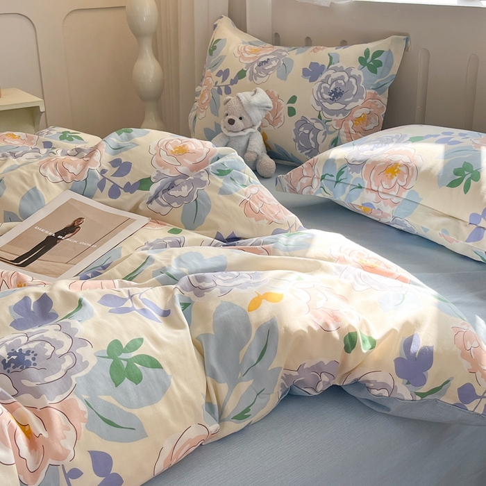 91家纺网 家纺一手货源 找家纺 大吉 2025新款100全棉纯棉喷气小清新被套四件套纯棉三件套床笠四件套单被套单枕套 山茶花开