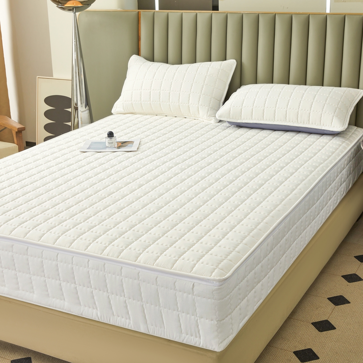 91家纺网 家纺一手货源 找家纺 欧邦 2025新款可拆卸六面全包夹棉床笠 五面夹棉-本白