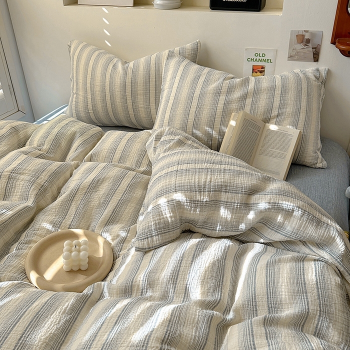 91家纺网 家纺一手货源 找家纺 田野2025新款全棉皱皱纱四件套 半夏-蓝