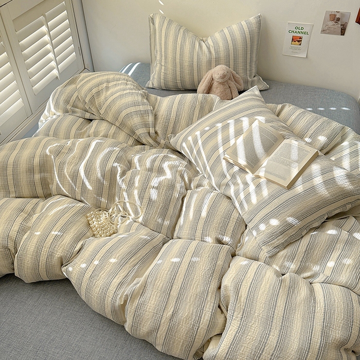 91家纺网 家纺一手货源 找家纺 田野2025新款全棉皱皱纱四件套 半夏-蓝