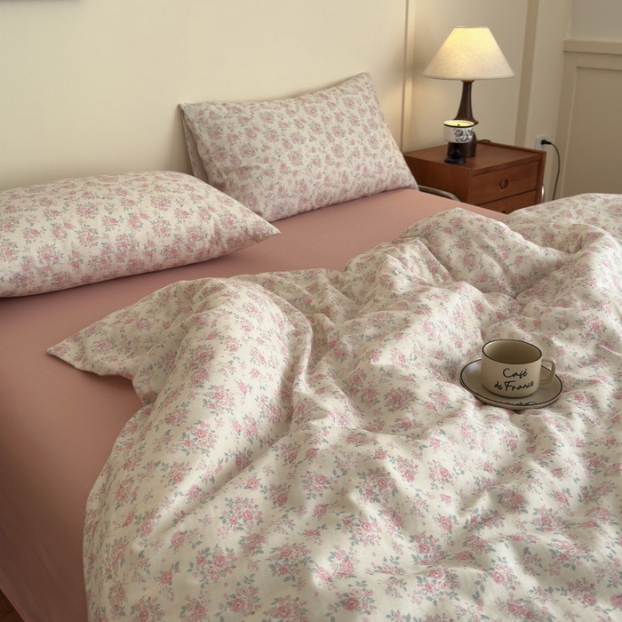 91家纺网 家纺一手货源 找家纺 曲之慕2025新款A类母婴级有氧全棉纯棉双层纱印花四件套 梅林春晓-米