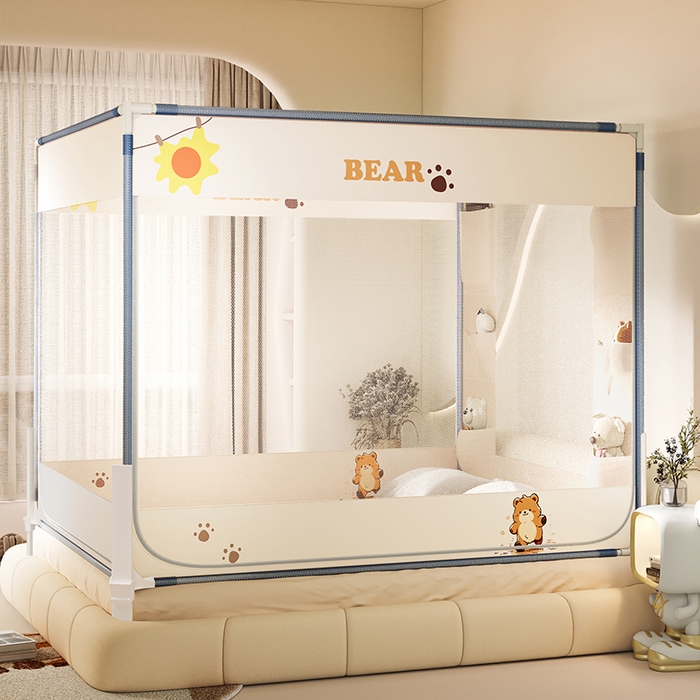 91家纺网 家纺一手货源 找家纺 青竹苑 2025新款围栏支架口袋款坐床防摔蚊帐 快乐熊