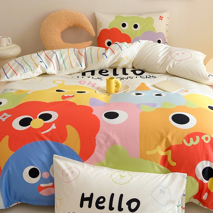 91家纺网 家纺一手货源 找家纺 花言狐语 2025新款全棉13372卡通大版数码印花四件套（提供买家秀） 呆萌小怪兽