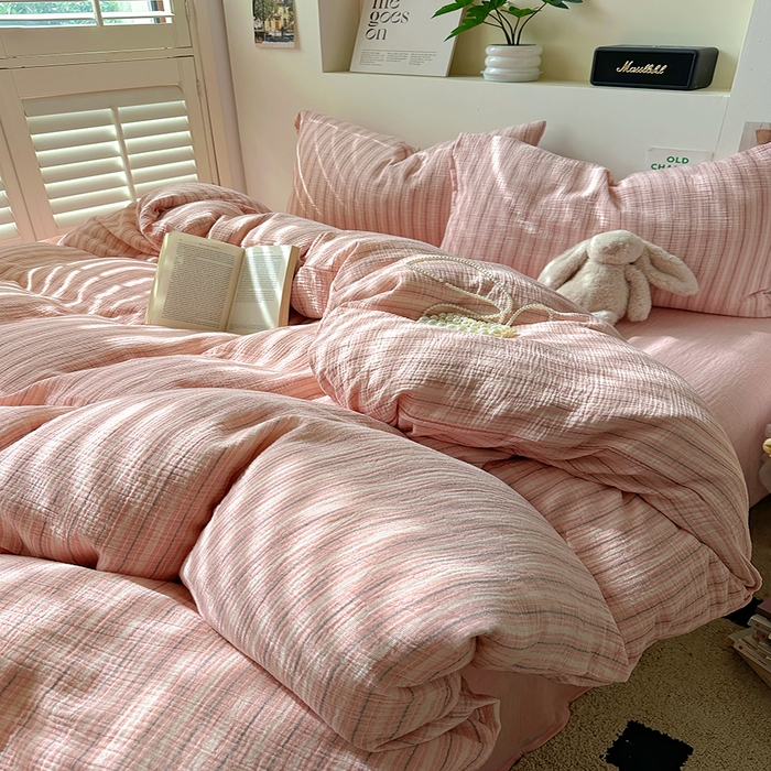 91家纺网 家纺一手货源 找家纺 田野2025新款全棉皱皱纱四件套 小半-粉米