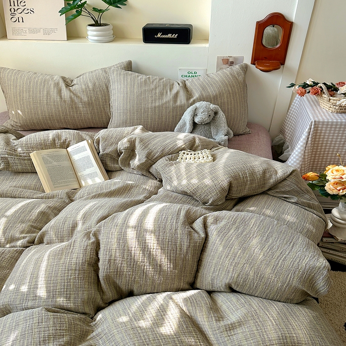 91家纺网 家纺一手货源 找家纺 田野2025新款全棉皱皱纱四件套 小半-亚麻棕