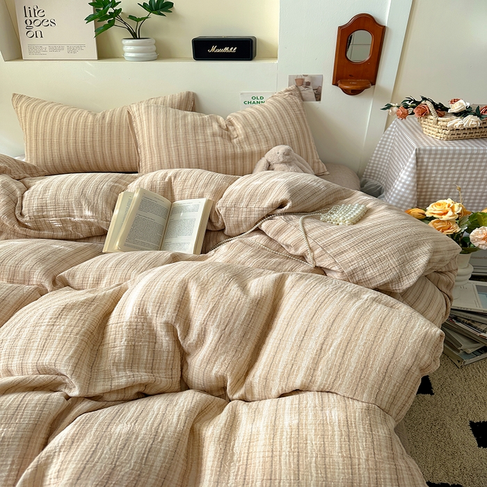 91家纺网 家纺一手货源 找家纺 田野2025新款全棉皱皱纱四件套 小半-奶茶棕