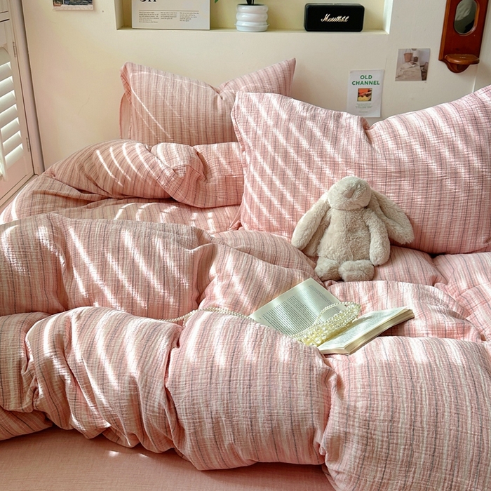 91家纺网 家纺一手货源 找家纺 田野2025新款全棉皱皱纱四件套 小半-粉米