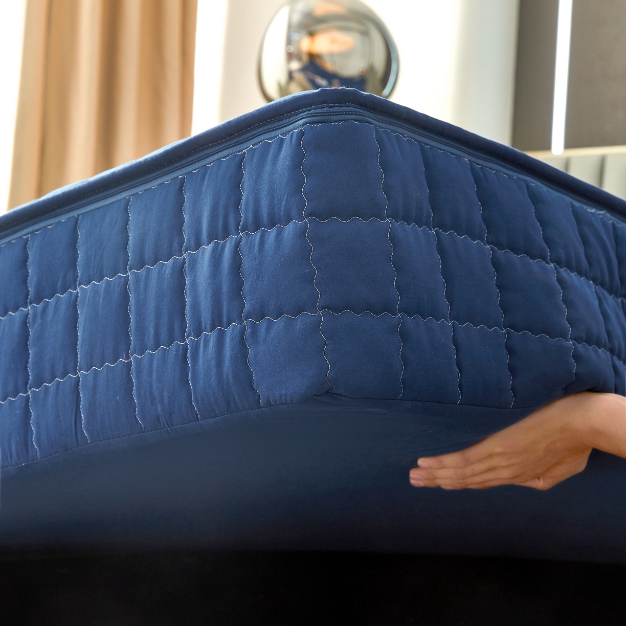 91家纺网 家纺一手货源 找家纺 欧邦 2025新款可拆卸六面全包夹棉床笠 五面夹棉-魅宝蓝