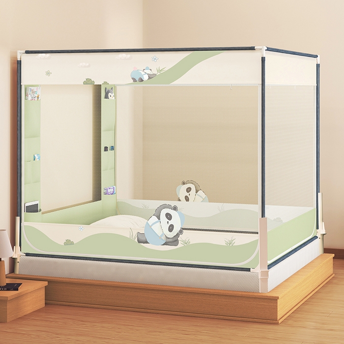 91家纺网 家纺一手货源 找家纺 青竹苑 2025新款围栏支架口袋款坐床防摔蚊帐 功夫熊猫