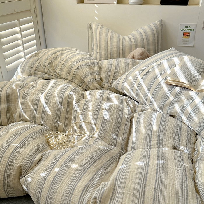 91家纺网 家纺一手货源 找家纺 田野2025新款全棉皱皱纱四件套 半夏-蓝