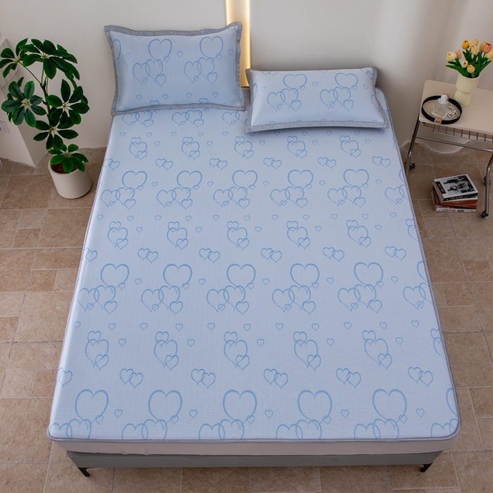 91家纺网 家纺一手货源 找家纺 凌云家纺  2025新款提花凉感冰丝席床笠款三明治凉席三件套 心海-蓝