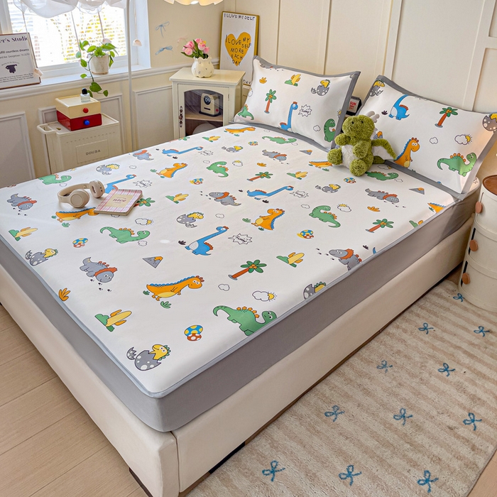 91家纺网 家纺一手货源 找家纺 富馨莱 2025新款床笠款冰藤印花凉席A类抗菌冰丝席支持定制尺寸 恐龙纪元