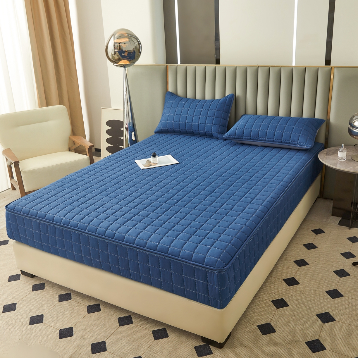 91家纺网 家纺一手货源 找家纺 欧邦 2025新款可拆卸六面全包夹棉床笠 五面夹棉-魅宝蓝