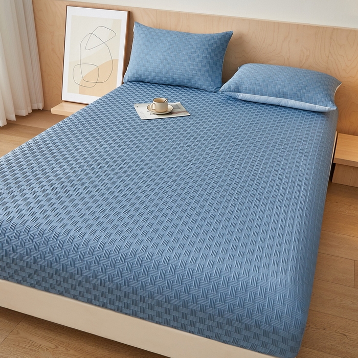 91家纺网 家纺一手货源 找家纺 梦镜2025新款A类亲肤棉华夫格棋盘格防水床笠 华夫格-湖蓝