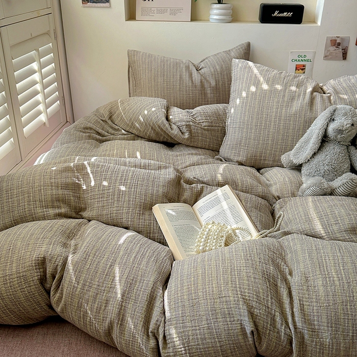 91家纺网 家纺一手货源 找家纺 田野2025新款全棉皱皱纱四件套 小半-亚麻棕