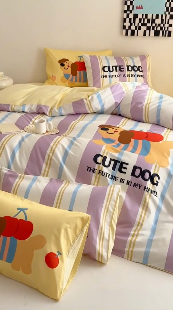 91家纺网 家纺一手货源 找家纺 花言狐语 2025新款全棉13372卡通大版数码印花四件套（提供买家秀） 可爱小狗（紫）