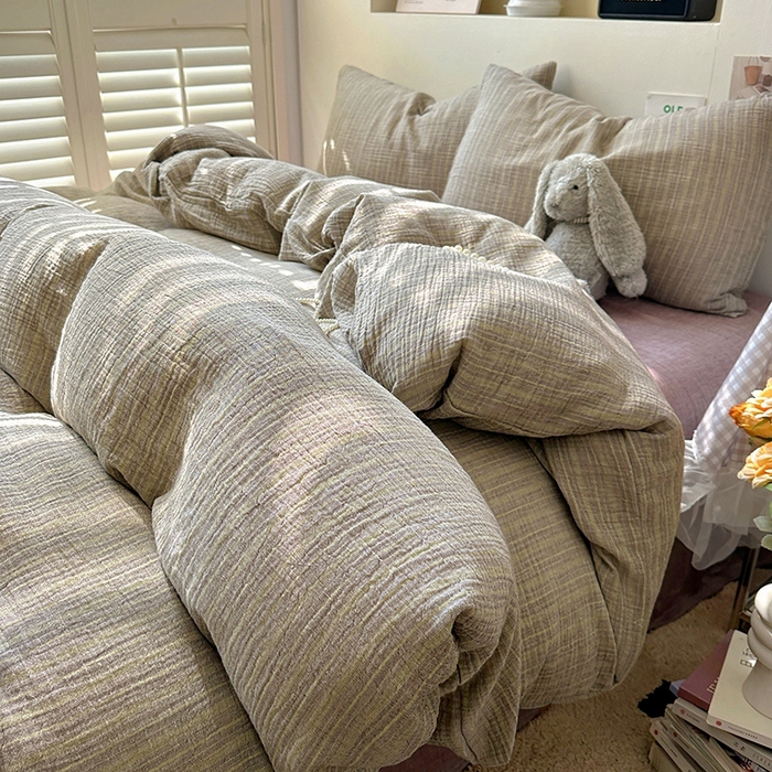 91家纺网 家纺一手货源 找家纺 田野2025新款全棉皱皱纱四件套 小半-亚麻棕