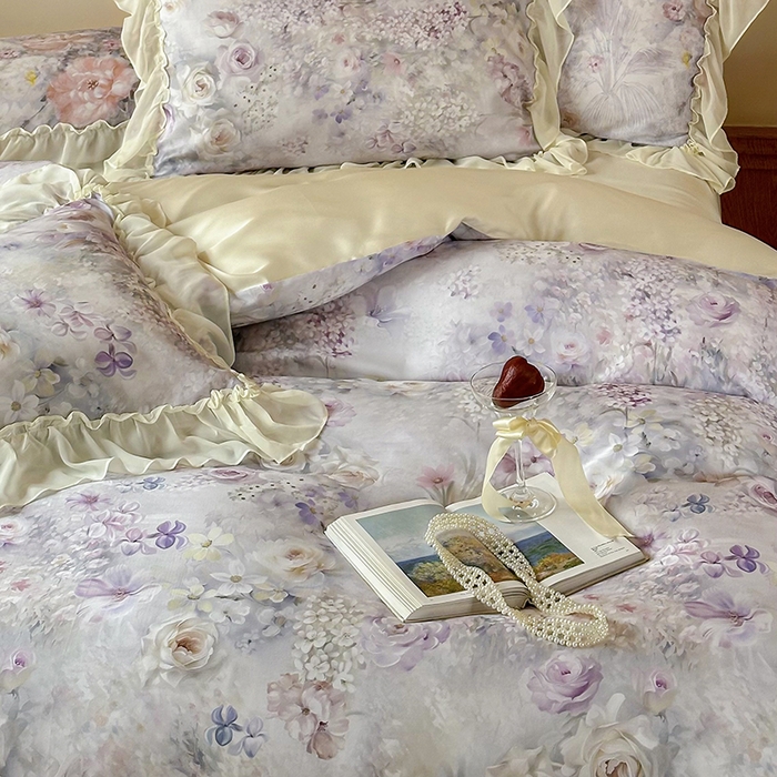 91家纺网 家纺一手货源 找家纺 沐晴家纺 2025春夏新品数码印花60兰精天丝云纱四件套 繁夏-紫