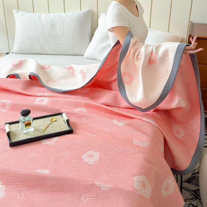 91家纺网 家纺一手货源 找家纺 2025新款A类纯棉针织三层纱提花多功能毯 粉色-向阳花