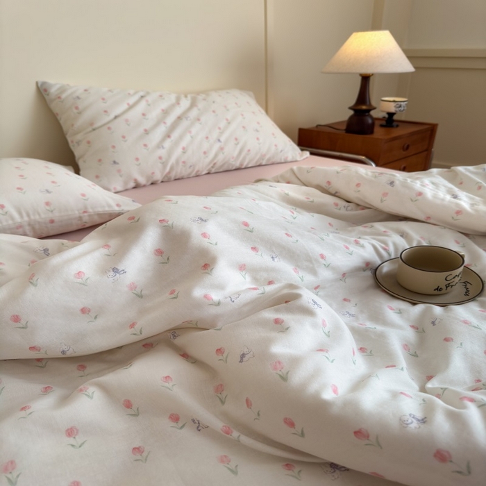 91家纺网 家纺一手货源 找家纺 曲之慕2025新款A类母婴级有氧全棉纯棉双层纱印花四件套 朵拉-粉