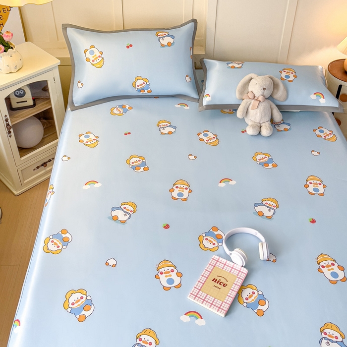 91家纺网 家纺一手货源 找家纺 富馨莱 2025新款床笠款冰藤印花凉席A类抗菌冰丝席支持定制尺寸 开心鸭