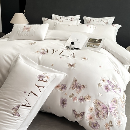 91家纺网 家纺一手货源 找家纺 2025新款纯棉绣花四件套-蝶语（控价劵后218（严格按控价来） 象牙白