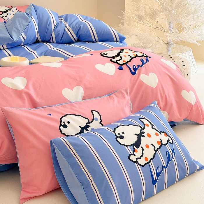 91家纺网 家纺一手货源 找家纺 花言狐语 2025新款13372全棉印花毛巾绣四件套（提供买家秀） 奔跑小狗