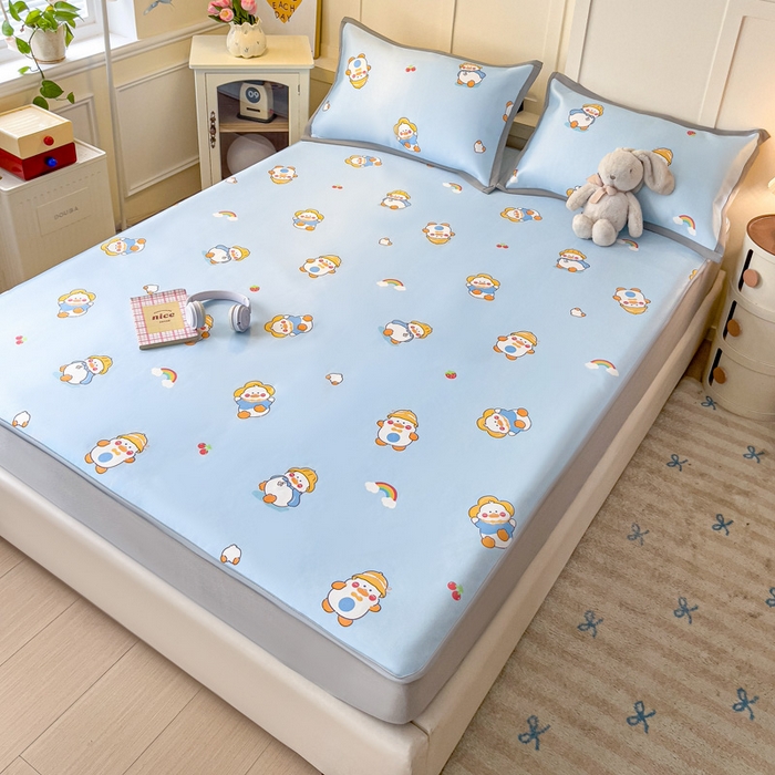 91家纺网 家纺一手货源 找家纺 富馨莱 2025新款床笠款冰藤印花凉席A类抗菌冰丝席支持定制尺寸 开心鸭