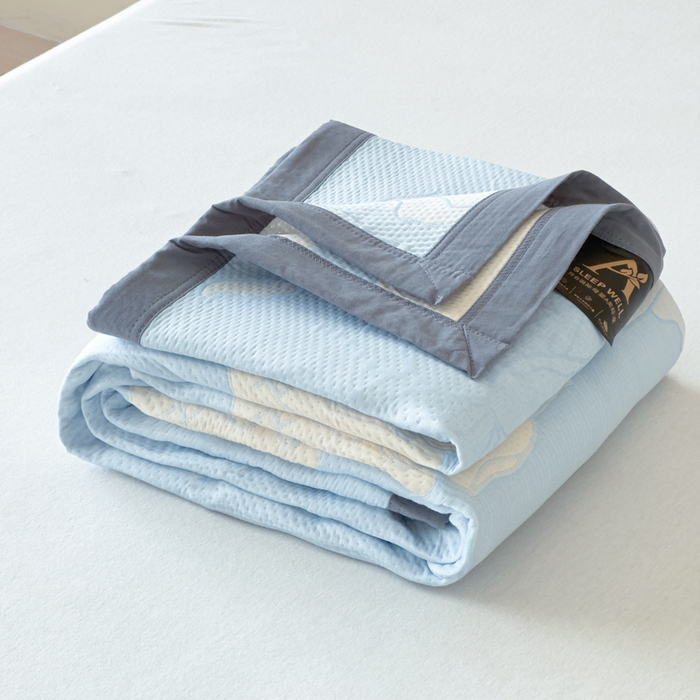 91家纺网 家纺一手货源 找家纺 2025新款A类纯棉针织三层纱提花多功能毯 蓝色-玫瑰