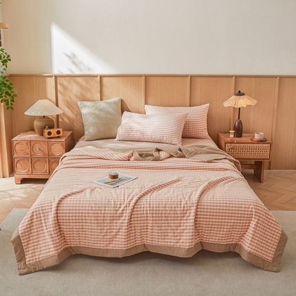 伊人坊 A类水洗棉新疆棉花夏被 粉小格