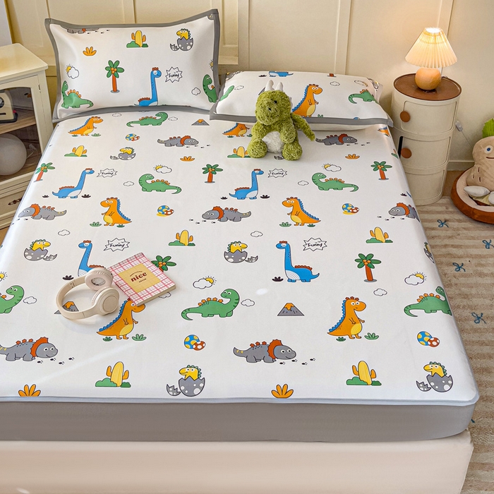 91家纺网 家纺一手货源 找家纺 富馨莱 2025新款床笠款冰藤印花凉席A类抗菌冰丝席支持定制尺寸 恐龙纪元