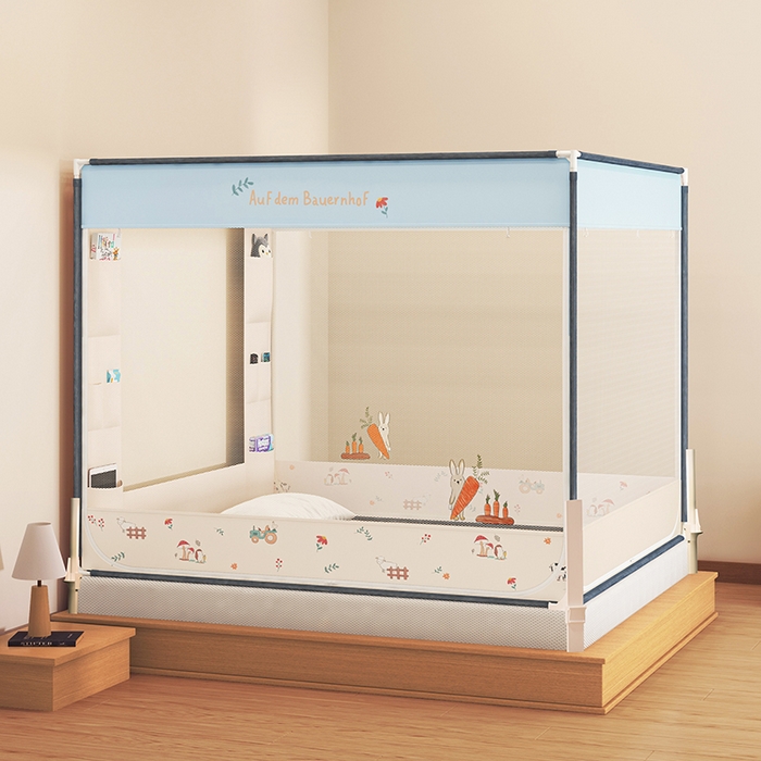 91家纺网 家纺一手货源 找家纺 青竹苑 2025新款围栏支架口袋款坐床防摔蚊帐 萝卜小兔兔