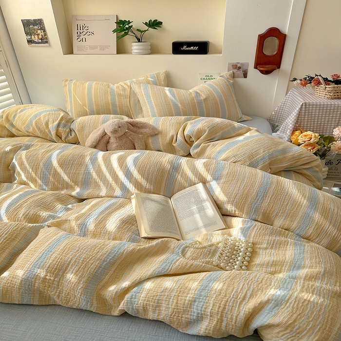 91家纺网 家纺一手货源 找家纺 田野2025新款全棉皱皱纱四件套 时予-桔兰