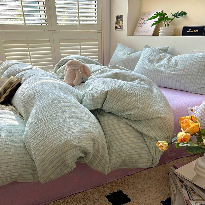 91家纺网 家纺一手货源 找家纺 田野2025新款全棉皱皱纱四件套 小半-绿紫