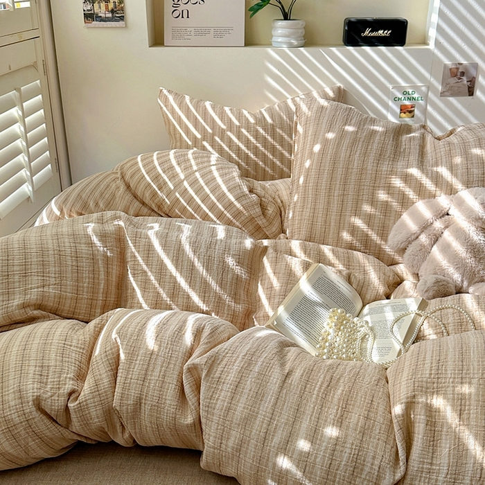 91家纺网 家纺一手货源 找家纺 田野2025新款全棉皱皱纱四件套 小半-奶茶棕