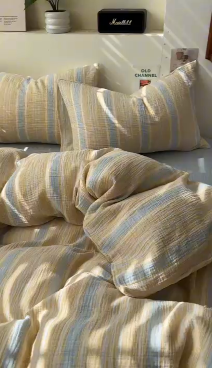 91家纺网 家纺一手货源 找家纺 田野2025新款全棉皱皱纱四件套 时予-桔兰