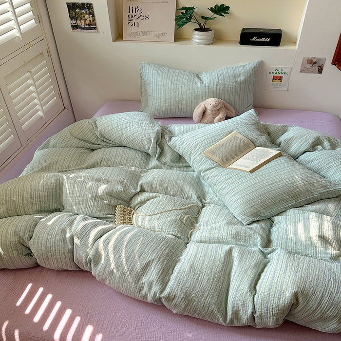 91家纺网 家纺一手货源 找家纺 田野2025新款全棉皱皱纱四件套 小半-绿紫