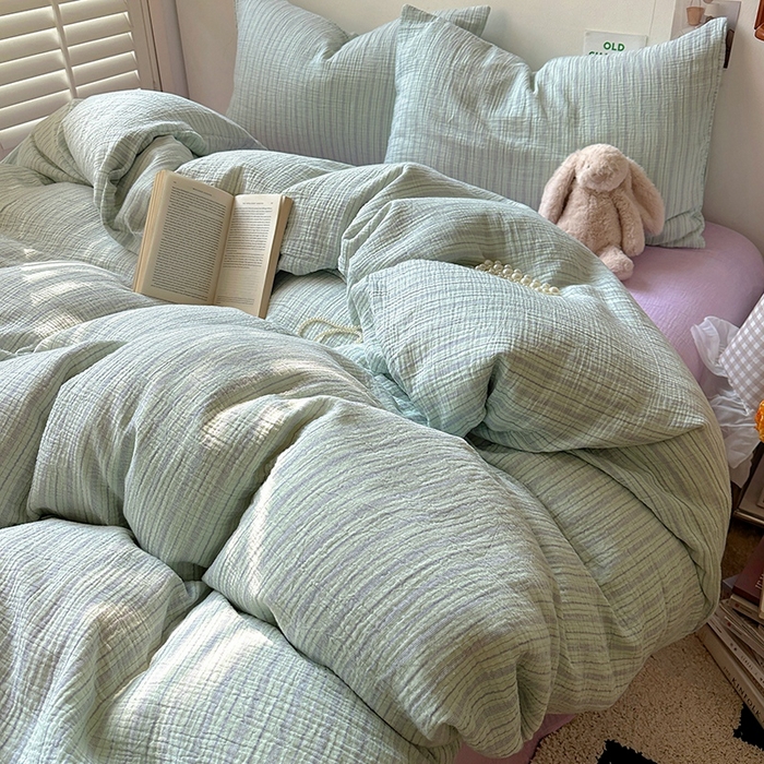 91家纺网 家纺一手货源 找家纺 田野2025新款全棉皱皱纱四件套 小半-绿紫